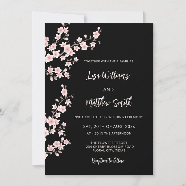 Invitation Photo de mariage Fleur de cerisier rose noir (Devant)