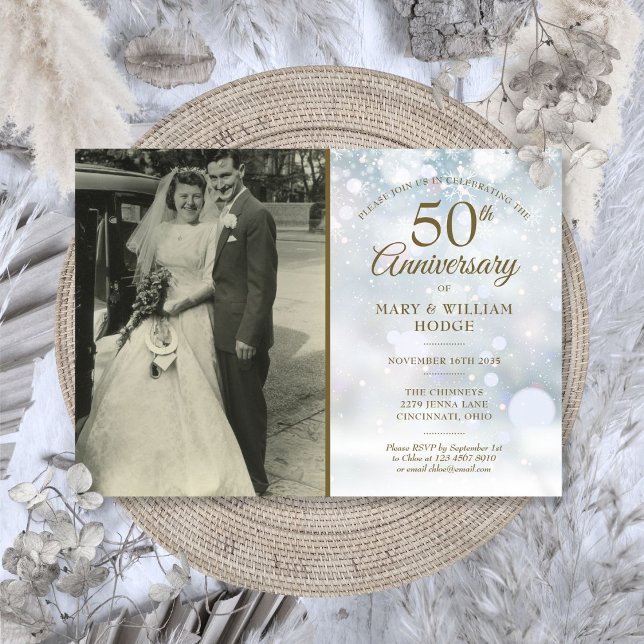 Invitation Photo de mariage Flocons de neige 50e anniversaire (50th Anniversary Winter Snowflakes Wedding Photo Invitation)