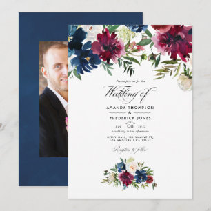 Invitation Photo de mariage floral aquarelle bordeaux et mari