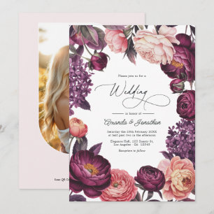 Invitation Photo de mariage floral aquarelle prune et rose