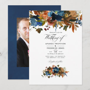 Invitation Photo de mariage floral au gingembre et au bleu de