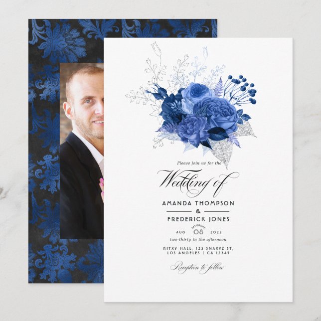 Invitation Photo de mariage floral bleu royal et argent (Devant / Derrière)