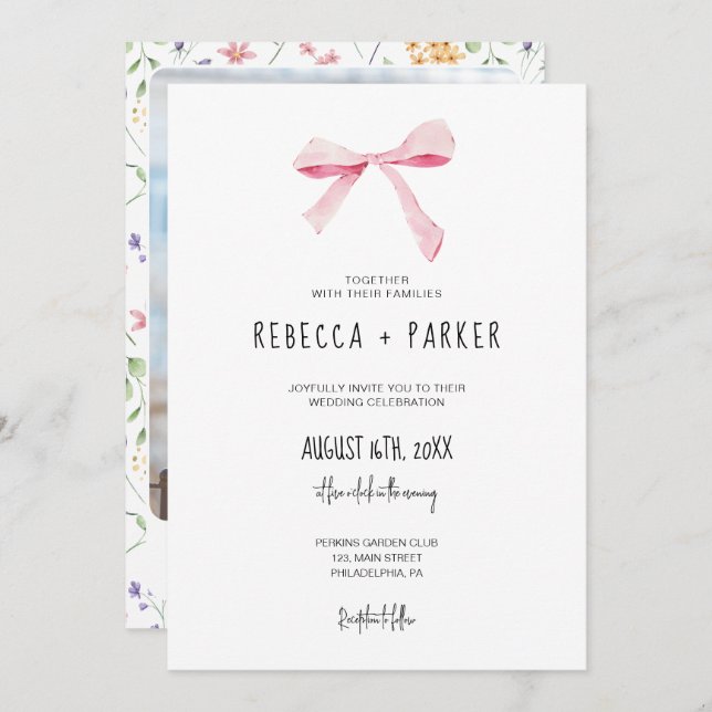 Invitation Photo de mariage floral Bow rose vif et code Qr (Devant / Derrière)