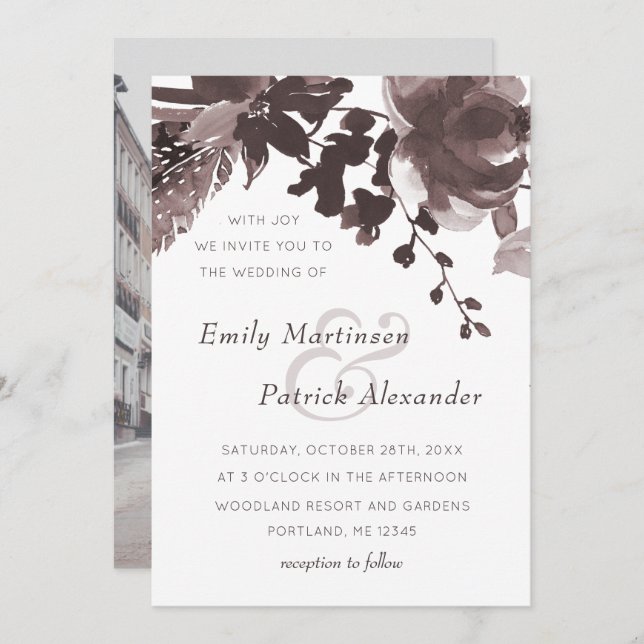 Invitation Photo de Mariage floral de prune moderne (Devant / Derrière)