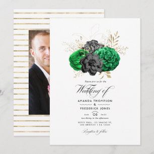 Invitation Photo de mariage floral émeraude et or foncé