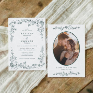 Invitation Photo de mariage floral émeraude vintage français