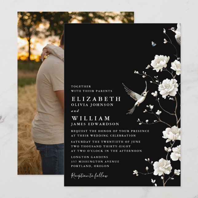 Invitation Photo de mariage floral en chinoiserie noir et bla (Devant / Derrière)