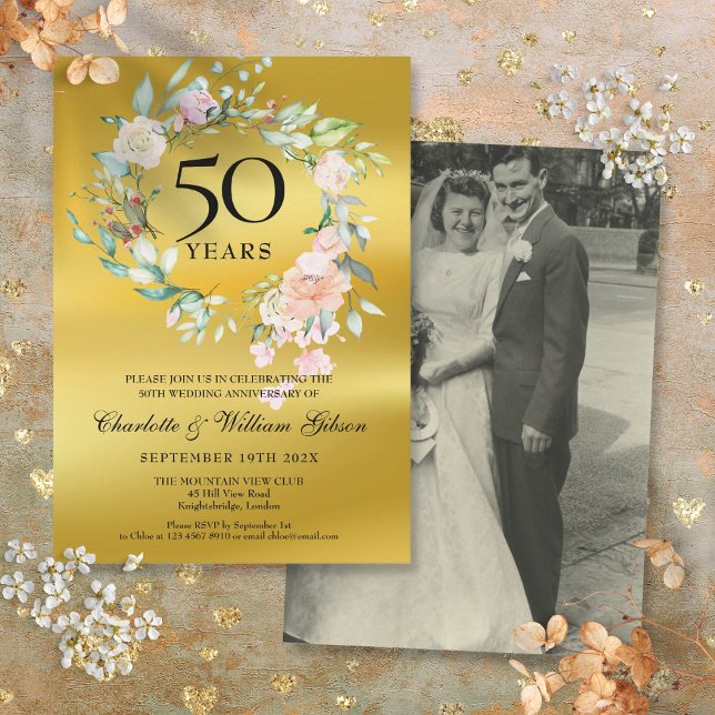 Invitation Photo de mariage Floral et feuille d'or 50e annive (Wedding Photo Floral Gold Foil 50th Anniversary Invitation)