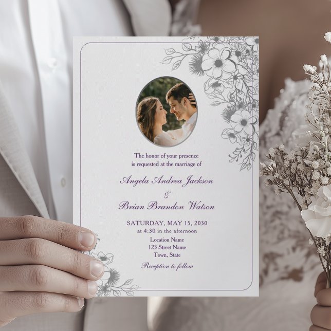 Invitation Photo de mariage floral pourpre (Créateur téléchargé)