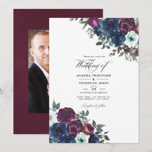 Invitation Photo de mariage floral prune et marine