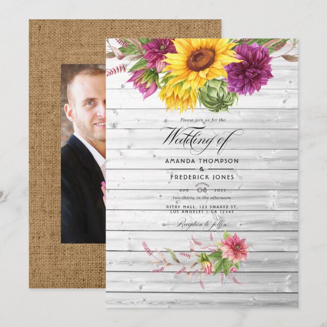 Invitation Photo de mariage floral rustique avec soleil et pr (Devant / Derrière)