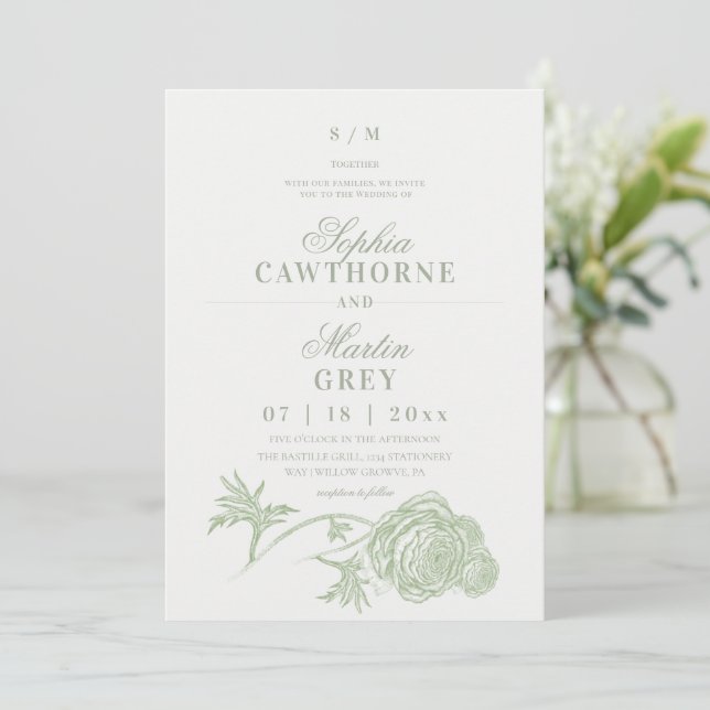Invitation Photo de mariage Floral Sage Vert (Debout devant)