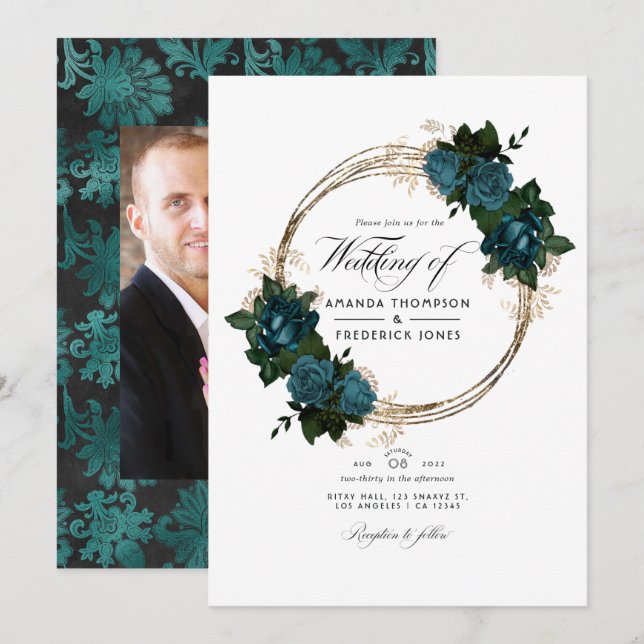 Invitation Photo de mariage floral sarcelle et or (Devant / Derrière)