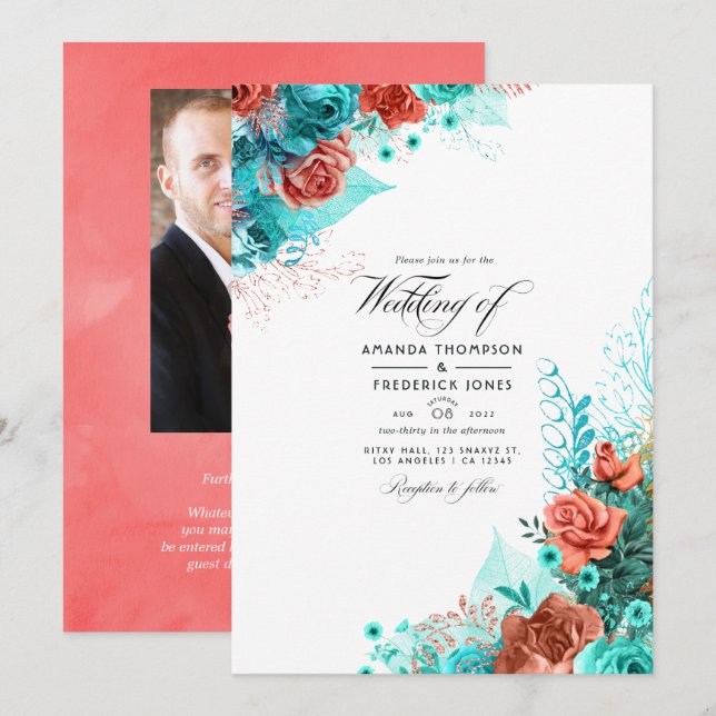 Invitation Photo de Mariage floral turquoise et corail (Devant / Derrière)