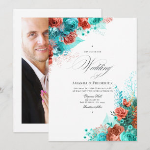 Invitation Photo de mariage floral turquoise et corail classi
