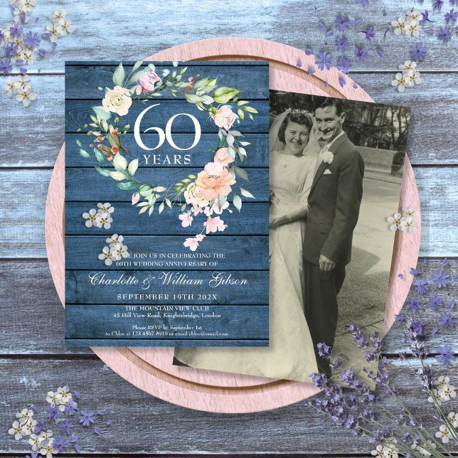 Invitation Photo de mariage florale rustique 60e 75e annivers (60th 75th Anniversary Wedding Photo Floral Rustic Invitation)