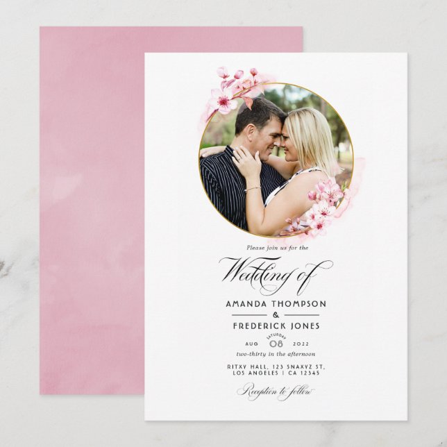 Invitation Photo de mariage géométrique rose cerise en fleurs (Devant / Derrière)