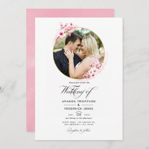 Invitation Photo de mariage géométrique rose cerise en fleurs
