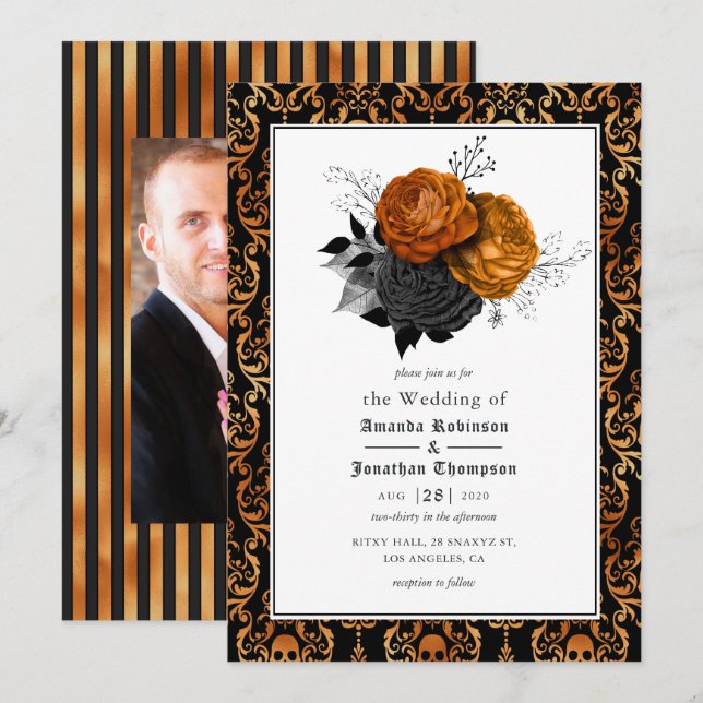 Invitation Photo de Mariage gothique floral noir et orange (Devant / Derrière)