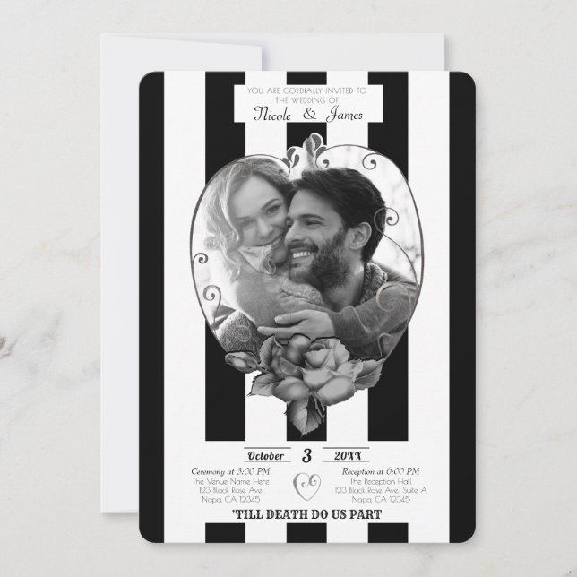 Invitation Photo de mariage gothique rayures noires et blanch (Devant)