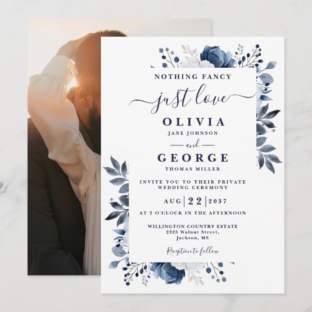 Invitation Photo de mariage intime privé floral bleu marine (Devant / Derrière)
