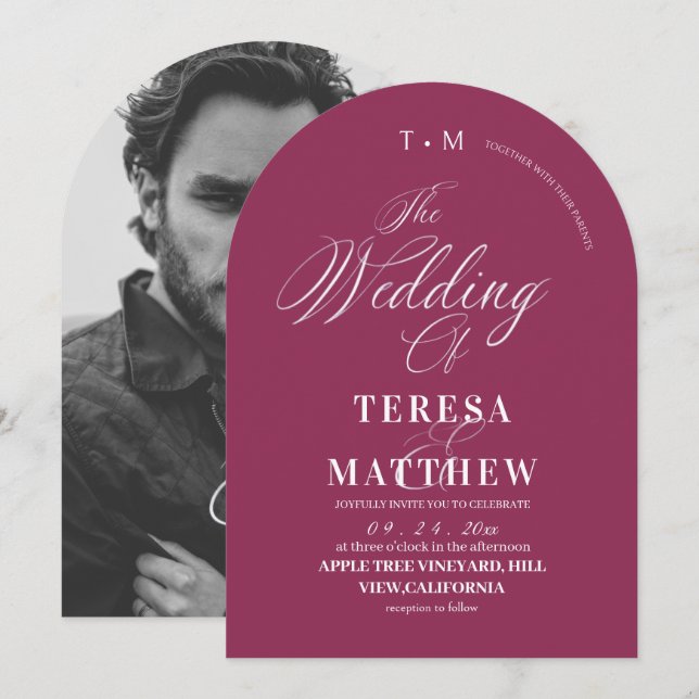 Invitation Photo de mariage moderne avec écriture Fuchsia (Devant / Derrière)