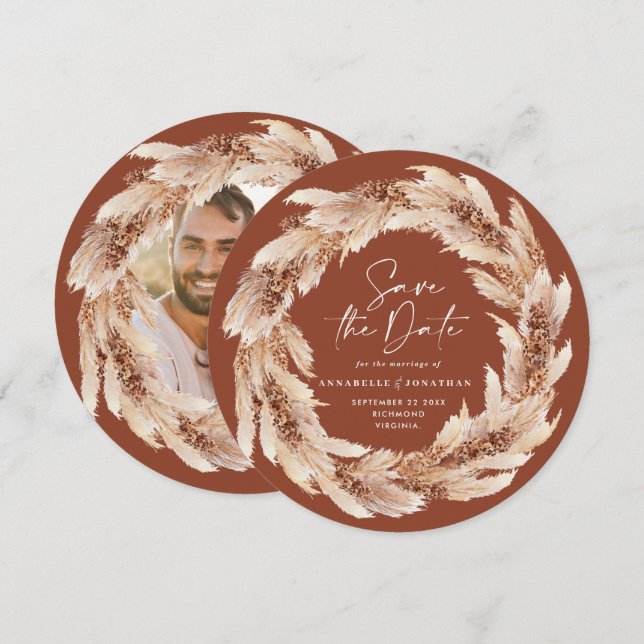 Invitation Photo de mariage moderne boho herbe de pampas terr (Devant / Derrière)