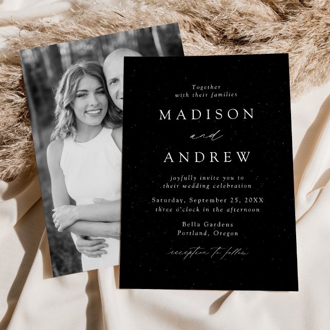 Invitation Photo de mariage moderne en noir et blanc tacheté (Créateur téléchargé)