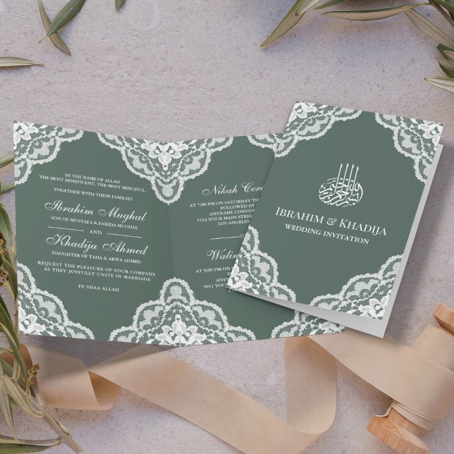 Invitation Photo de mariage musulman vert avec dentelle blanc (Créateur téléchargé)