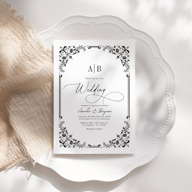Invitation Photo de mariage noir et blanc avec monogramme et  (Monogram Black and White Wedding Photo and QR Code Invitation)