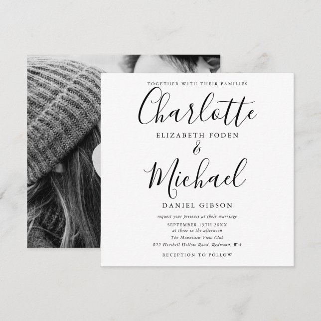 Invitation Photo de mariage noir et blanc élégant (Devant / Derrière)