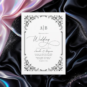 Invitation Photo de Mariage noir et blanc monogramme et code 