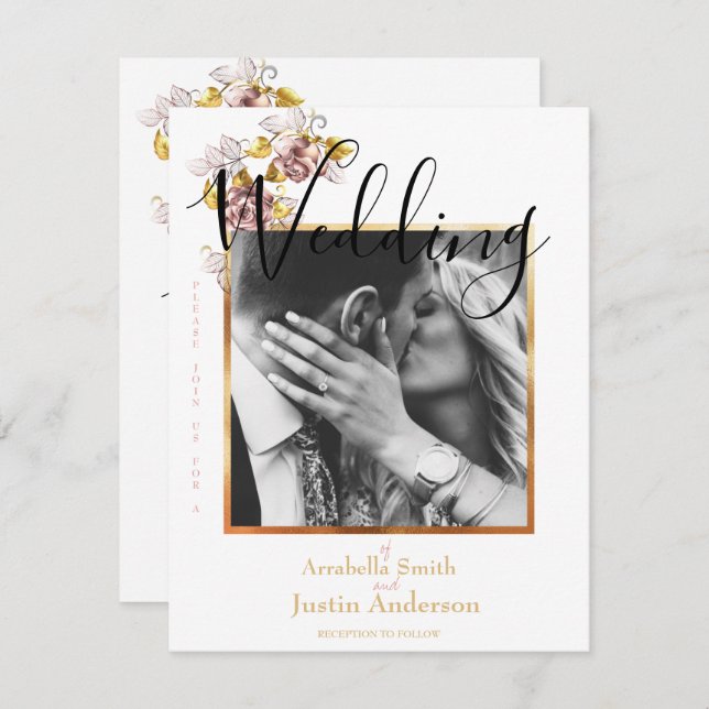 Invitation Photo de mariage personnalisée Floral Gold Script  (Devant / Derrière)