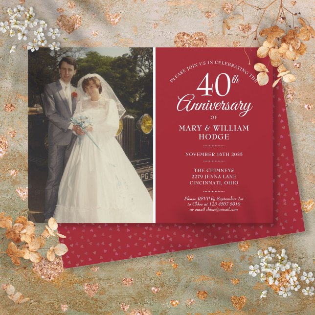 Invitation Photo de mariage pour le 40e anniversaire avec con (40th Anniversary Wedding Photo Ruby Heart Confetti Invitation)
