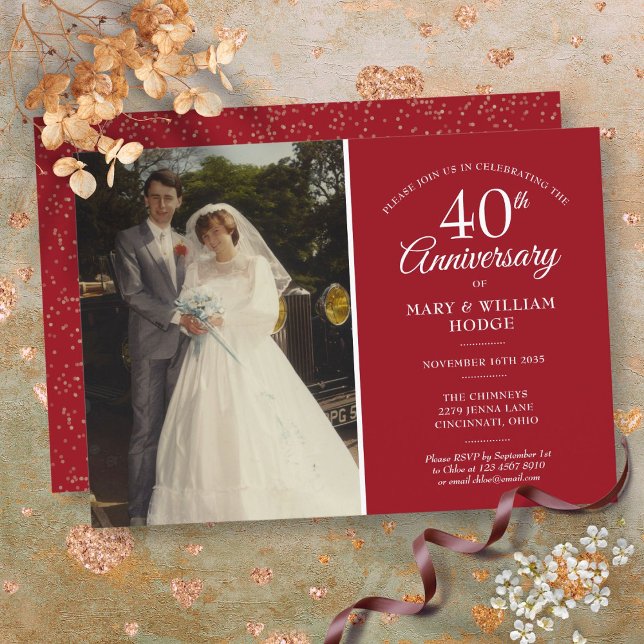 Invitation Photo de mariage pour le 40e anniversaire de maria (40th Anniversary Wedding Photo Ruby Confetti Invitation)