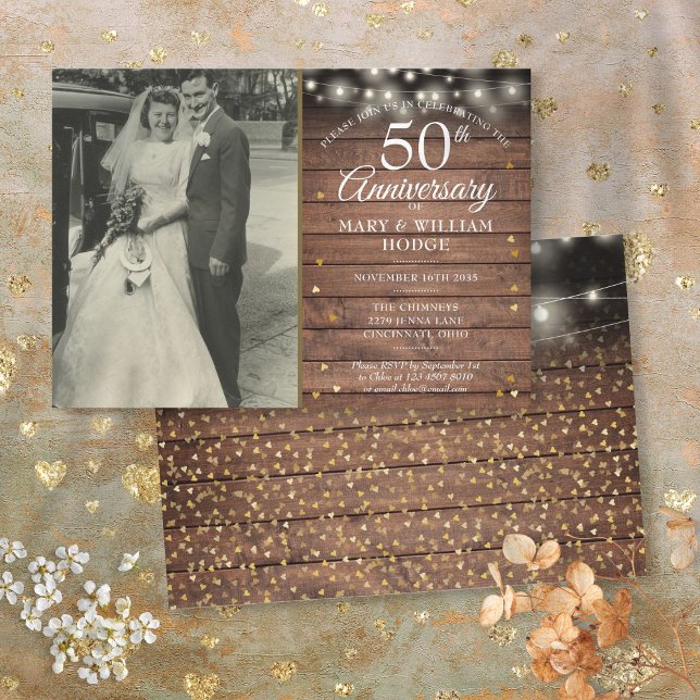 Invitation Photo de mariage pour le 50e anniversaire de maria (50th Anniversary Rustic Gold Hearts Wedding Photo Invitation)