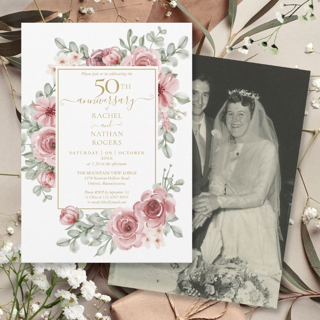 Invitation Photo de mariage pour les 50 ans d'anniversaire de (Floral Rose 50th Golden Anniversary Wedding Photo Invitation)