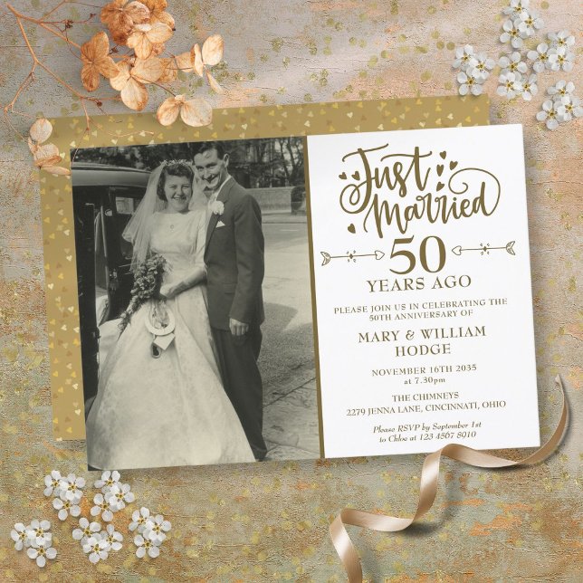 Invitation Photo de mariage pour les 50 ans de mariage (Just Married 50th Anniversary Wedding Photo Invitation)