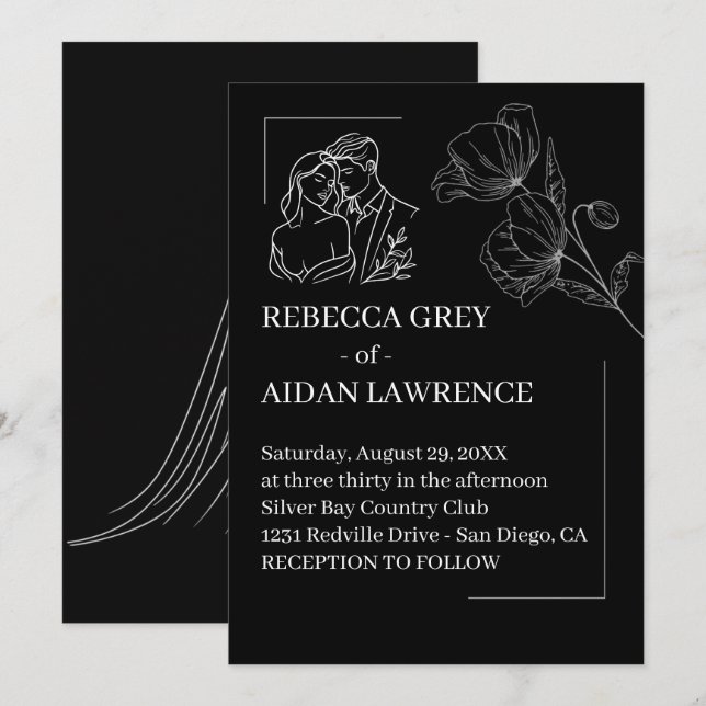 Invitation Photo de mariage Premium Noir Blanc Overlay (Devant / Derrière)