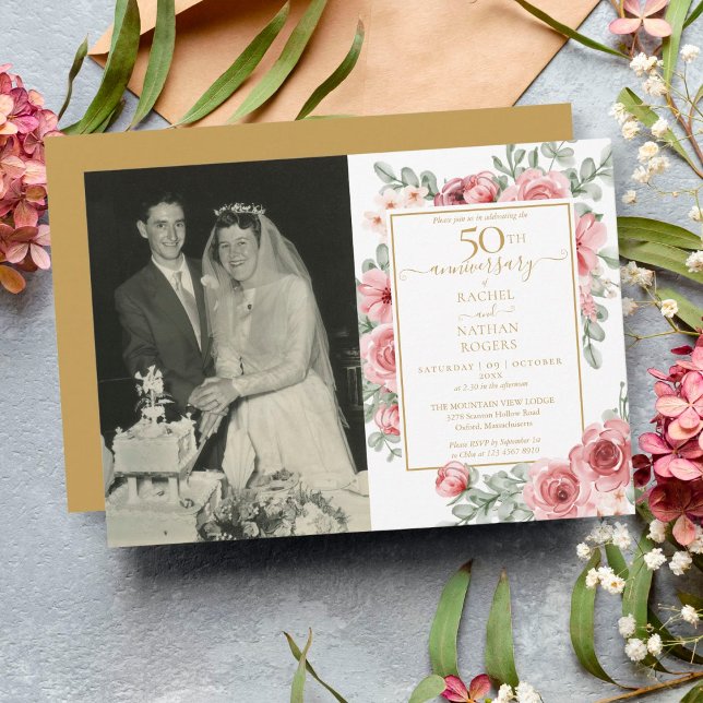 Invitation Photo de mariage Rose Fleurie 50e Anniversaire de  (Créateur téléchargé)