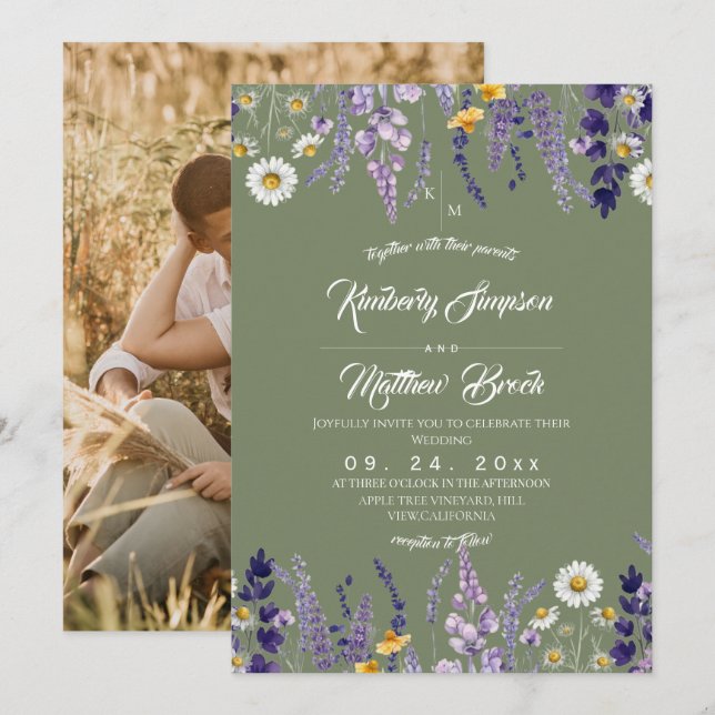 Invitation Photo de mariage rustique aux fleurs sauvages vert (Devant / Derrière)