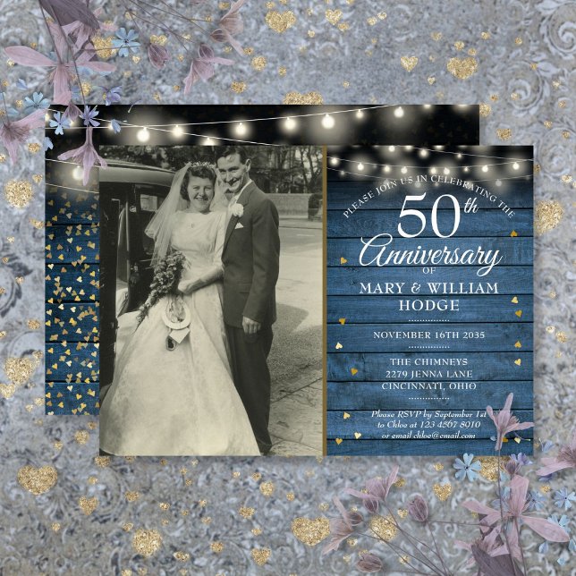 Invitation Photo de mariage rustique avec cœurs dorés pour 50 (50th Anniversary Gold Hearts Rustic Wedding Photo Invitation)