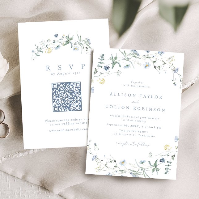 Invitation Photo de mariage rustique boho bleu poussiéreux de (Dusty Blue Wildflower Rustic Boho Wedding Photo Invitation)