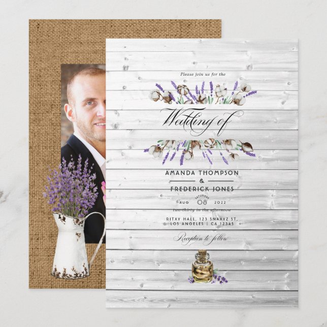 Invitation Photo de mariage rustique en coton lavande à la gr (Devant / Derrière)