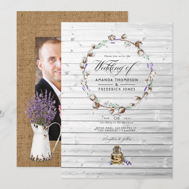Invitation Photo de mariage rustique en coton lavande dans un (Devant / Derrière)