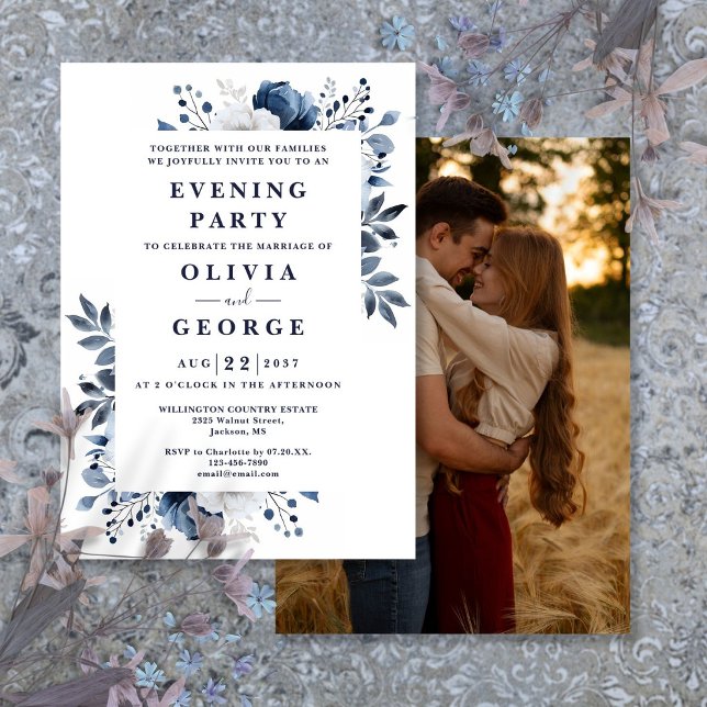 Invitation Photo de mariage soir bleu marine floral (Navy Blue Floral Wedding Evening Party Photo Invitation)