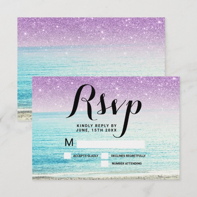 Invitation photo de mariage sur la plage avec paillettes viol (Devant / Derrière)