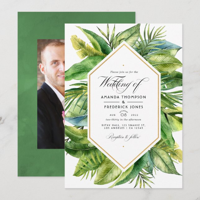Invitation Photo de mariage tropical à l'aquarelle (Devant / Derrière)