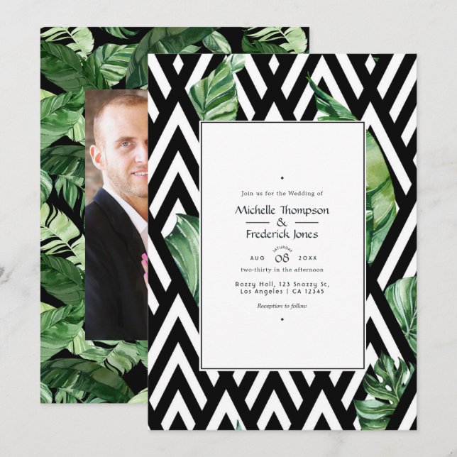 Invitation Photo de mariage tropical moderne à chevron (Devant / Derrière)
