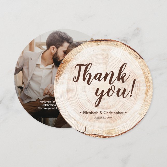 Invitation Photo de mariage unique sur tranche de bois rustiq (Devant / Derrière)